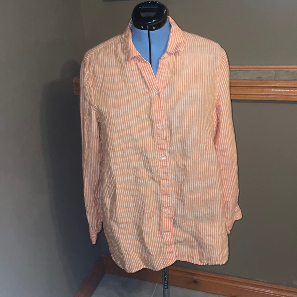 J JILL love linen large TALL size button down blouse orange & white spring !!